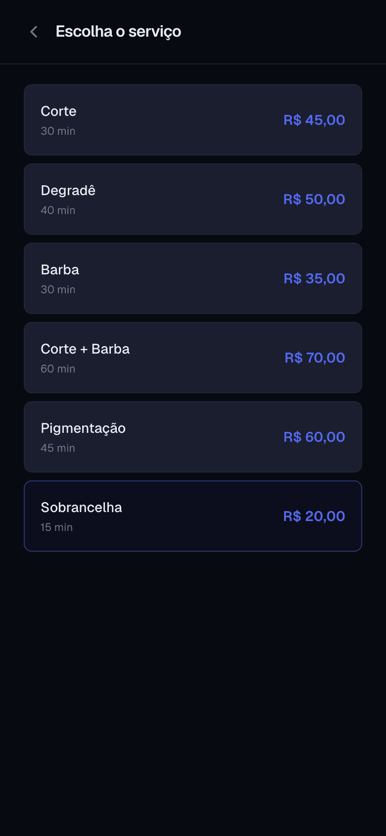 Portal: lista de serviços com preço e duração